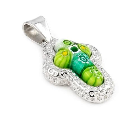 .925 Sterling Silver Murano Millefiori Green Cross Pendant With Electroform Silver Frame