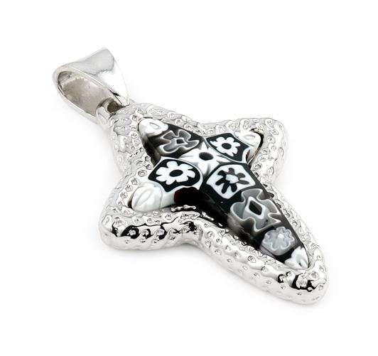 .925 Sterling Silver Black And White Murano Millefiori Electroform Faceted Cross Pendant