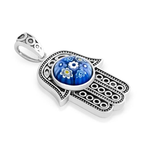 .925 Sterling Silver Blue Murano Millefiori Round Center On Milgrain Hamsa Pendant