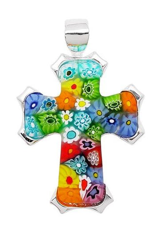 .925 Sterling Silver Murano Millefiori Multicolor Cross Pendant