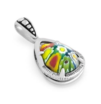 .925 Sterling Silver Multicolor Murano Millefiori Teardrop Pendant