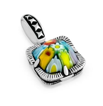 .925 Sterling Silver Multicolor Murano Millefiori Square Pendant With Studded Design