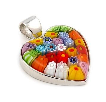 .925 Sterling Silver Large Multicolor Murano Millefiori Heart Pendant