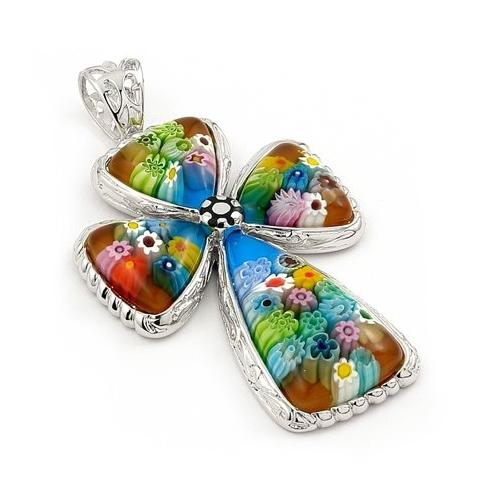 .925 Sterling Silver Multicolor Murano Millefiori Cross Pendant