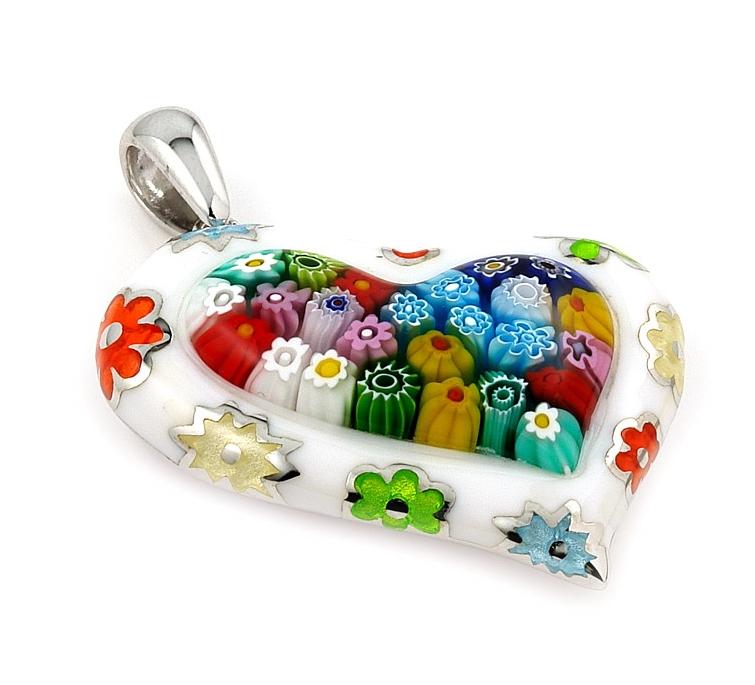 .925 Sterling Silver White And Multi Color Millacreli Heart Pendant