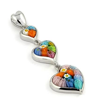 .925 Sterling Silver Multicolor Murano Millefiori Triple Heart Pendant