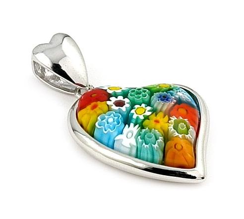 .925 Sterling Silver Murano Millefiori Multicolor Heart Pendant