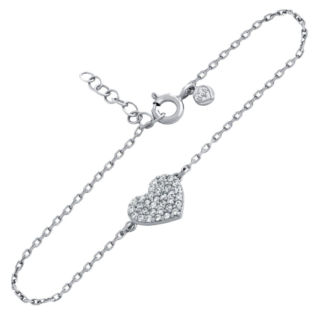 .925 Sterling Silver Rhodium Plated Cz Pave Heart Bracelet 6.5" + 1"