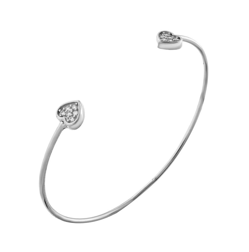 .925 Sterling Silver Rhodium Plated Wire Bangle With Heart Shaped Cz Clusters