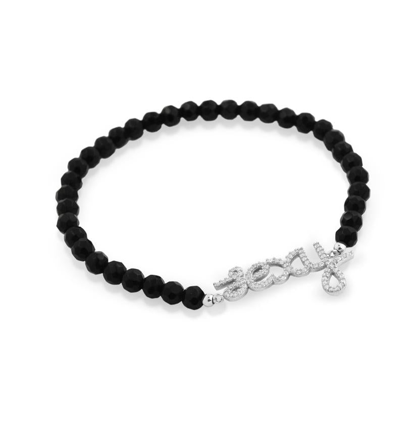 .925 Sterling Silver Rhodium Plated Cz "sexy" Black Onyx Bead Stretch Bracelet