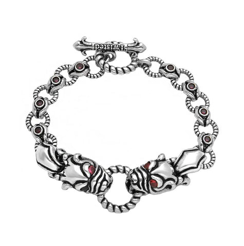 .925 Sterling Silver Twisted Blade Silver Bulldog And Red Cz Bracelet, <b>size: 7</b>