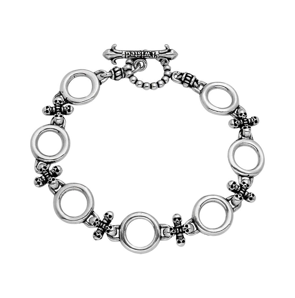 .925 Sterling Silver Twisted Blade Silver Circle & Skulls Bracelet, <b>size: 7</b>