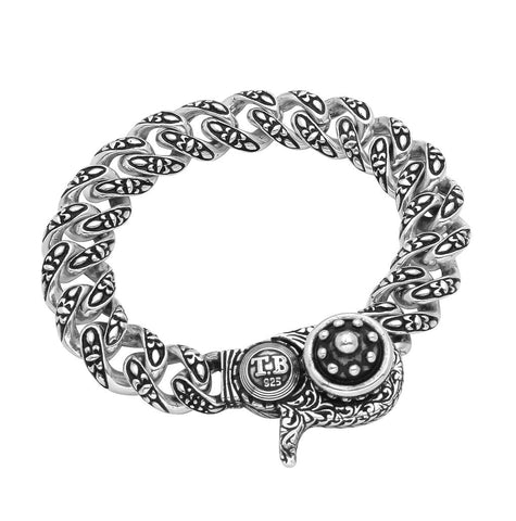 .925 Sterling Silver Twisted Blade Silver Fleur De Lis Pattern Curb-link Bracelet, <b>size: 7</b>