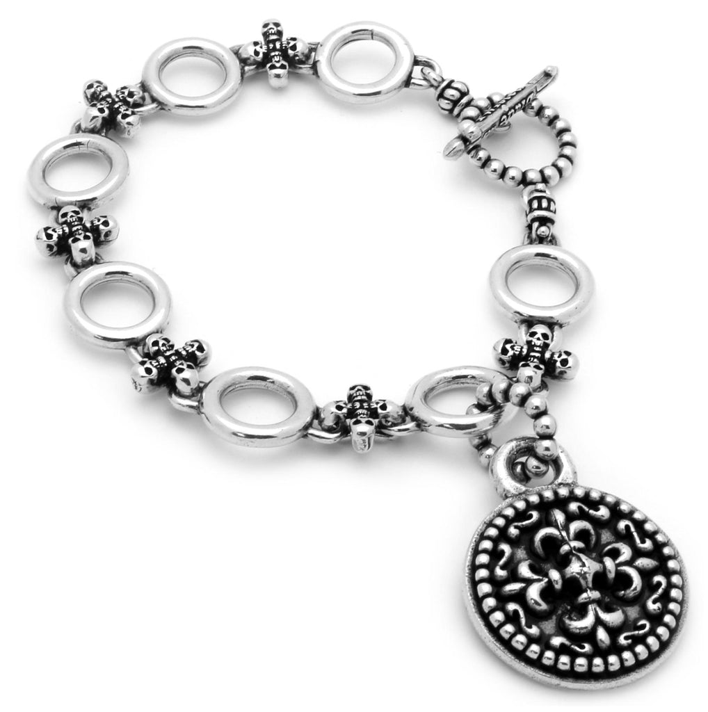 .925 Sterling Silver Twisted Blade Silver Circle & Skulls Bracelet With Fleur De Lis Pendant, <b>size: 7</b>