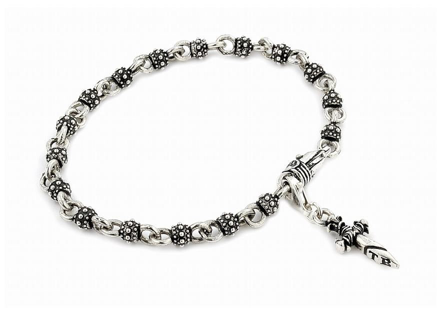 .925 Sterling Silver Twisted Blade Silver Studded Ball Link Bracelet With Dagger Charm, <b>size: 7</b>