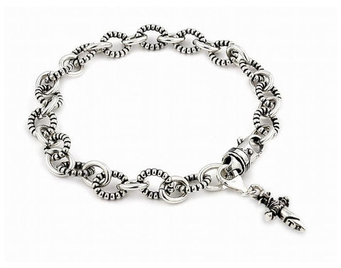 .925 Sterling Silver Twisted Blade Silver Beaded Bracelet With Dangling Dagger Charm, <b>size: 7</b>