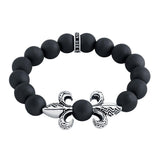 .925 Sterling Silver Twisted Blade Silver Fleur De Lis Onyx Stretch Bracelet, <b>size: 7</b>