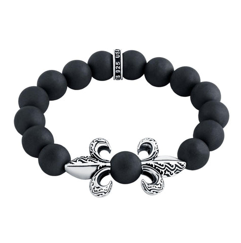 .925 Sterling Silver Twisted Blade Silver Fleur De Lis Onyx Stretch Bracelet, <b>size: 7</b>