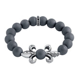 .925 Sterling Silver Twisted Blade Silver Fleur De Lis Matte Hematite Stretch Bracelet, <b>size: 7</b>