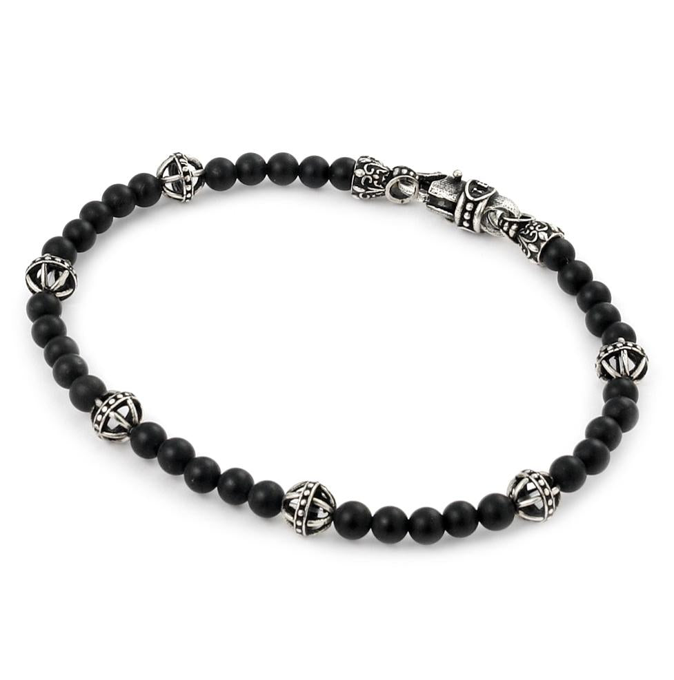 .925 Sterling Silver Twisted Blade Bracelet With Black Onyx And Ball Link Beads 7", <b>size: 7</b>