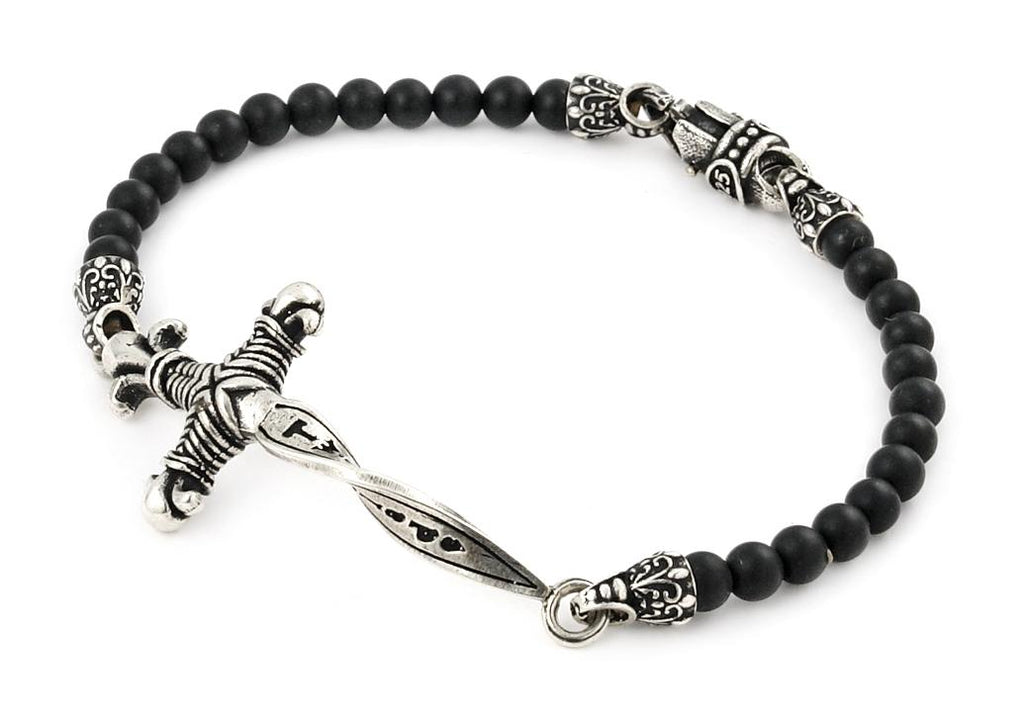 .925 Sterling Silver Twisted Blade 28mm Dagger Bracelet With Black Onyx Link Beads, <b>size: 8</b>