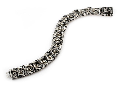 .925 Sterling Silver Twisted Blade Silver Decorated Curb Link Bracelet, <b>size: 7</b>