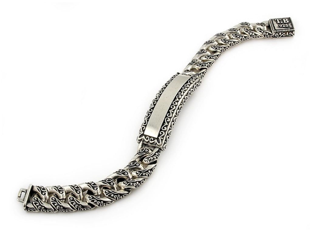 .925 Sterling Silver Twisted Blade Silver Decorated Curb Link Id Bracelet, <b>size: 8</b>