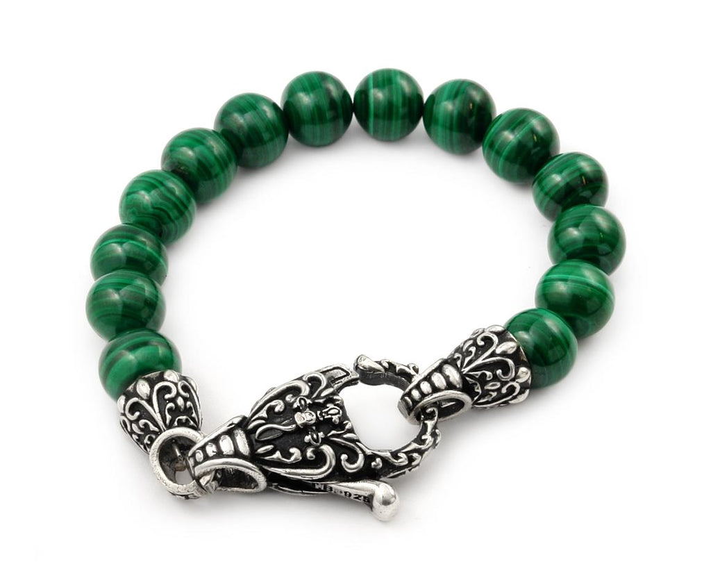 .925 Sterling Silver Twisted Blade Intricate Malachite Bead Bracelet, <b>size: 7</b>