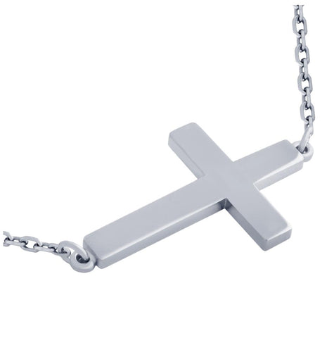 .925 Sterling Silver Rhodium Plated Plain Shiny Cross Necklace 16" + 2"