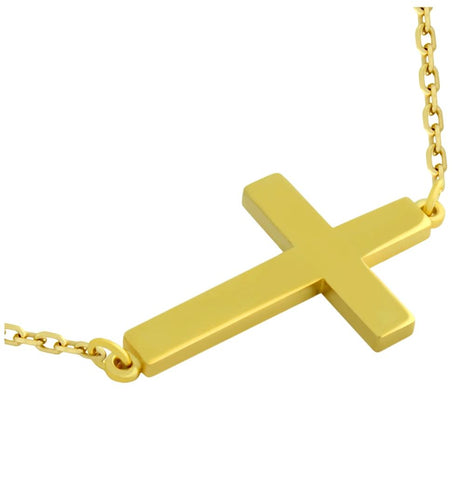 .925 Sterling Silver Gold Plated Plain Shiny Cross Necklace 16" + 2"