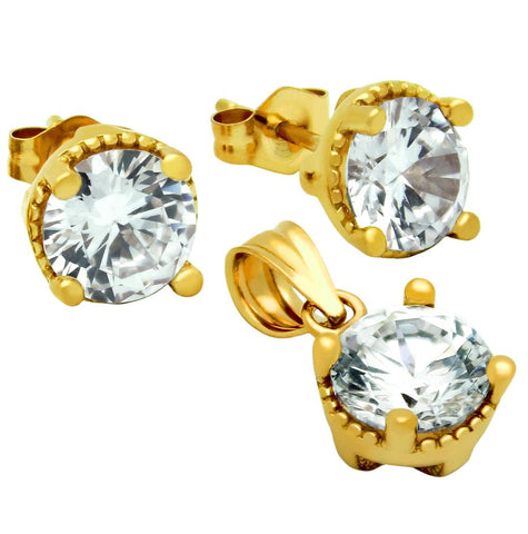 .925 Sterling Silver Gold Plated Round Cz Set Pendant And Stud Earrings