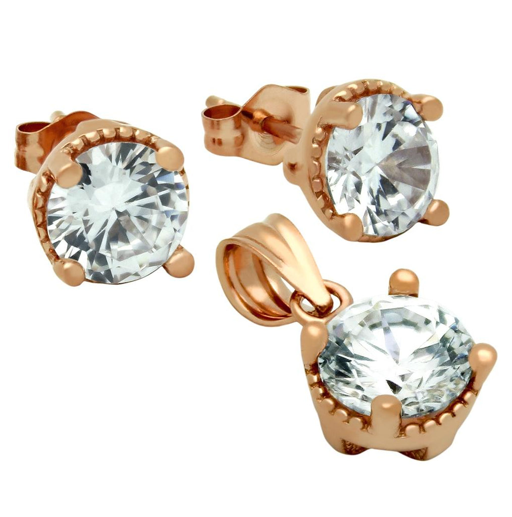 .925 Sterling Silver Rose Gold Plated Round Cz Set Pendant And Stud Earrings