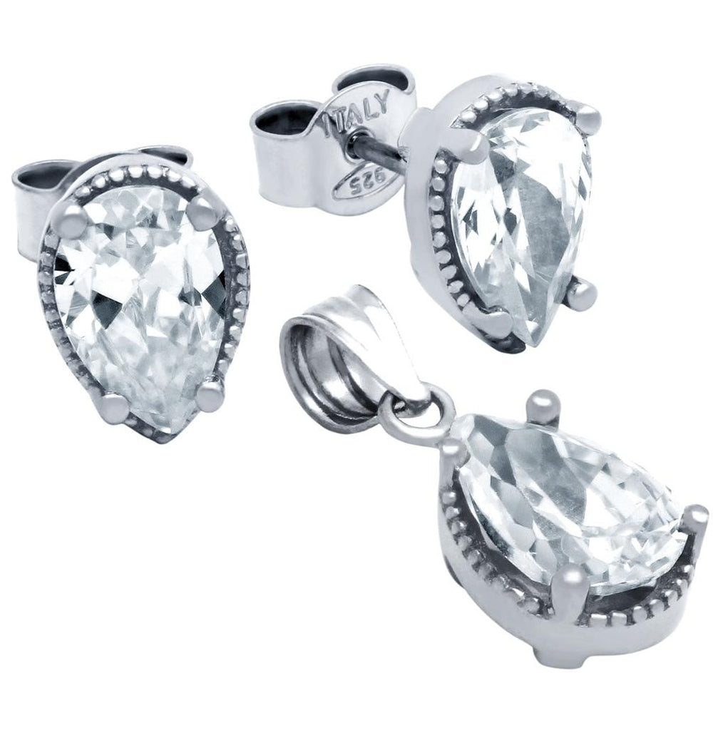 .925 Sterling Silver Rhodium Plated Pear Shape Cz Set Pendant And Stud Earrings