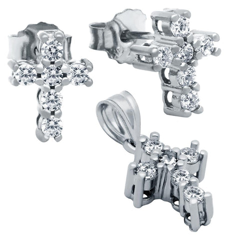 .925 Sterling Silver Rhodium Plated Cross Cz Set Pendant And Stud Earrings