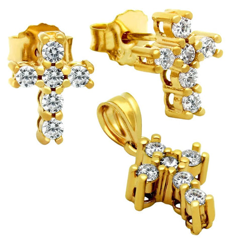 .925 Sterling Silver Gold Plated Cross Cz Set Pendant And Stud Earrings