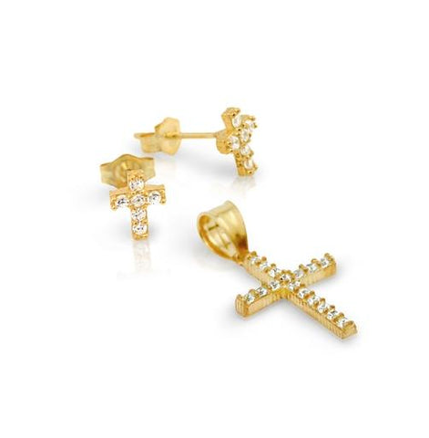 .925 Sterling Silver Gold Plated Pave Cz Cross Set Pendant And Stud Earrings