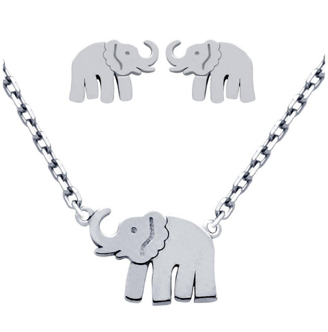 .925 Sterling Silver Rhodium Plated Set: Elephant Earrings And 16+2" Necklace