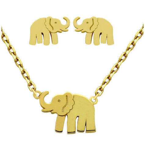 .925 Sterling Silver Gold Plated Set: Elephant Earrings And 16+2" Necklace