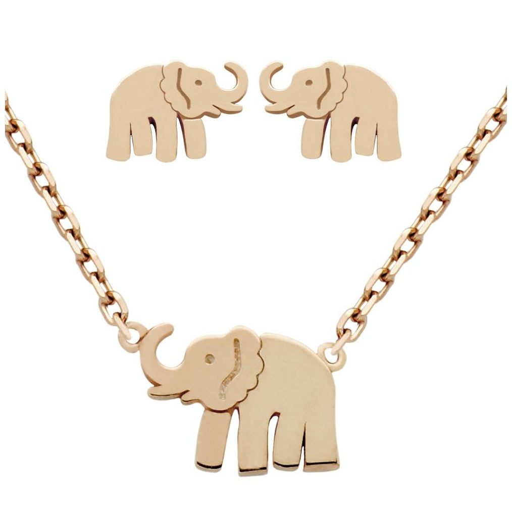 .925 Sterling Silver Rose Gold Plated Set: Elephant Earrings And 16+2" Necklace