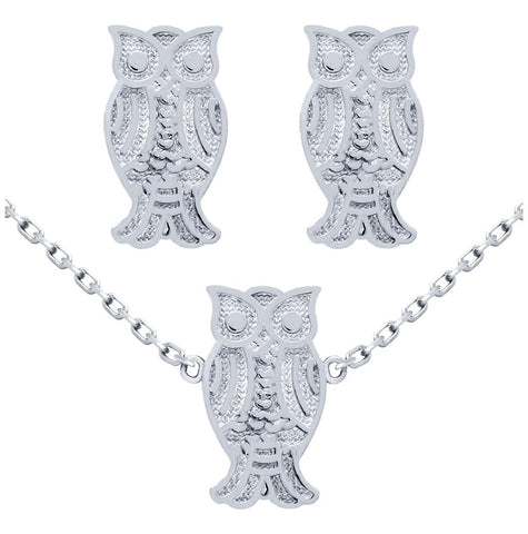 .925 Sterling Silver Rhodium Plated Set: Owl Earrings And 16+2" Necklace