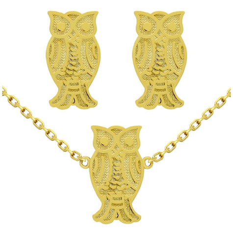 .925 Sterling Silver Gold Plated Set: Owl Earrings And 16+2" Necklace