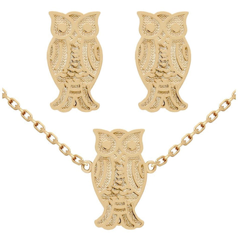 .925 Sterling Silver Rose Gold Plated Set: Owl Earrings And 16+2" Necklace