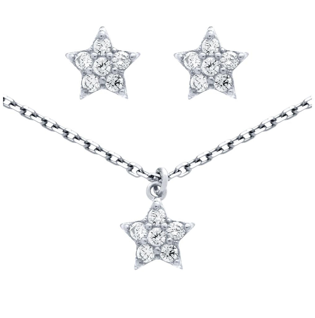 .925 Sterling Silver Rhodium Plated Set: Cz Cluster Star Earrings And 16+2" Necklace