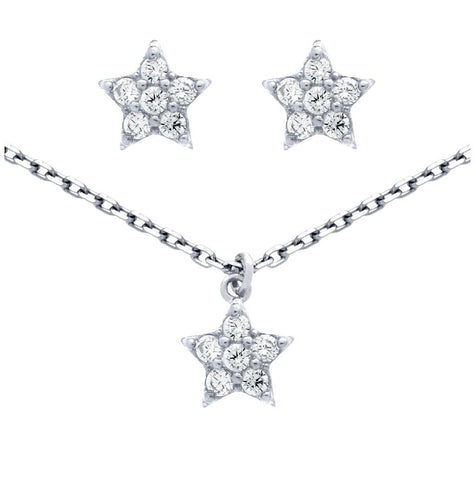 .925 Sterling Silver Rhodium Plated Set: Cz Cluster Star Earrings And 16+2" Necklace