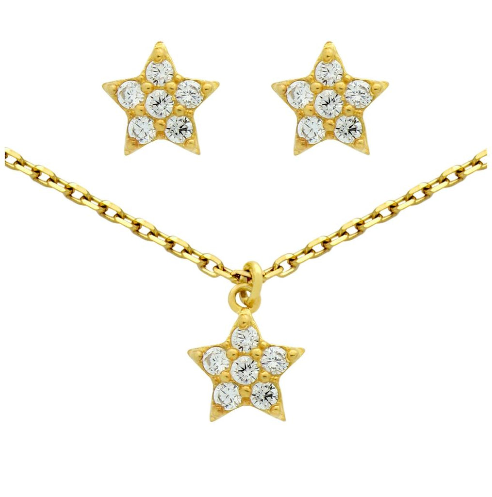 .925 Sterling Silver Gold Plated Set: Cz Cluster Star Earrings And 16+2" Necklace