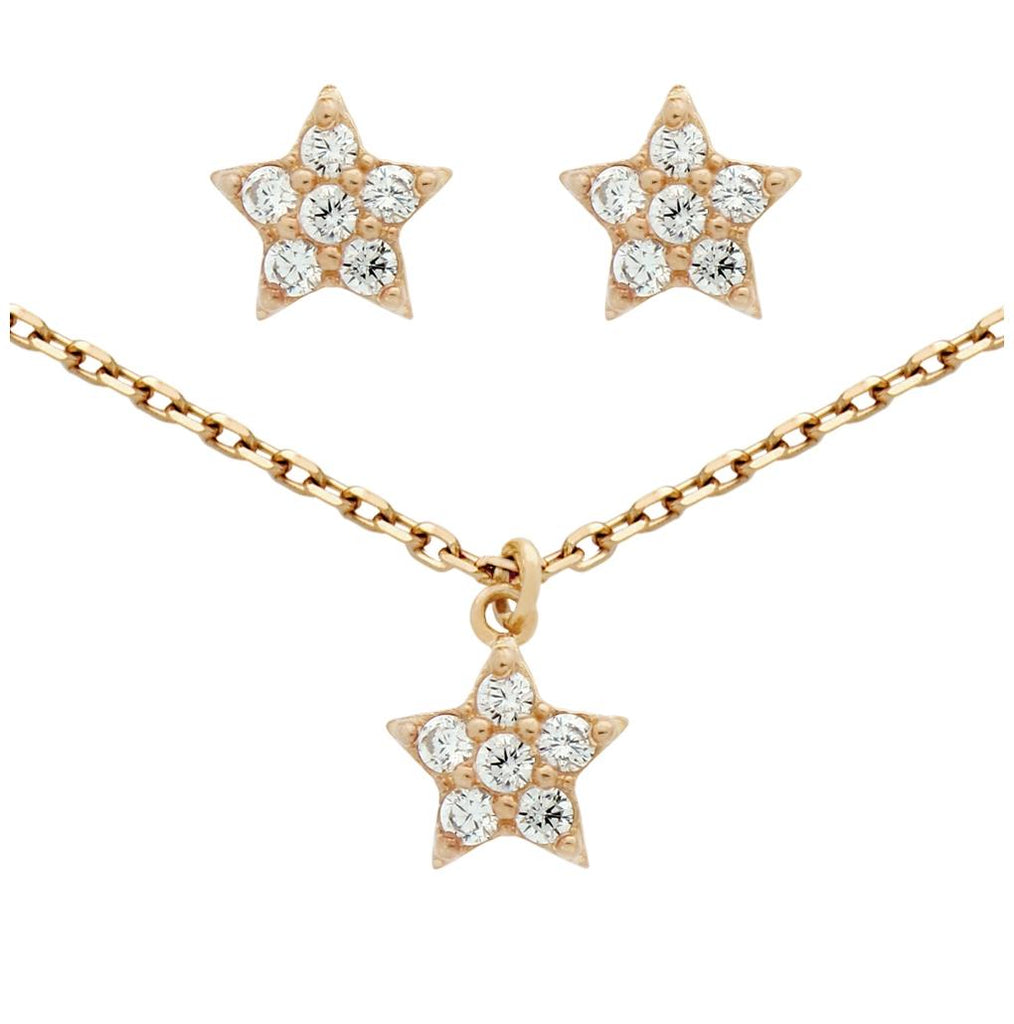 .925 Sterling Silver Rose Gold Plated Set: Cz Cluster Star Earrings And 16+2" Necklace