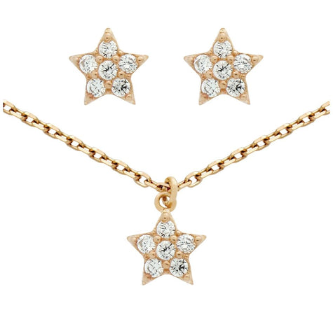 .925 Sterling Silver Rose Gold Plated Set: Cz Cluster Star Earrings And 16+2" Necklace