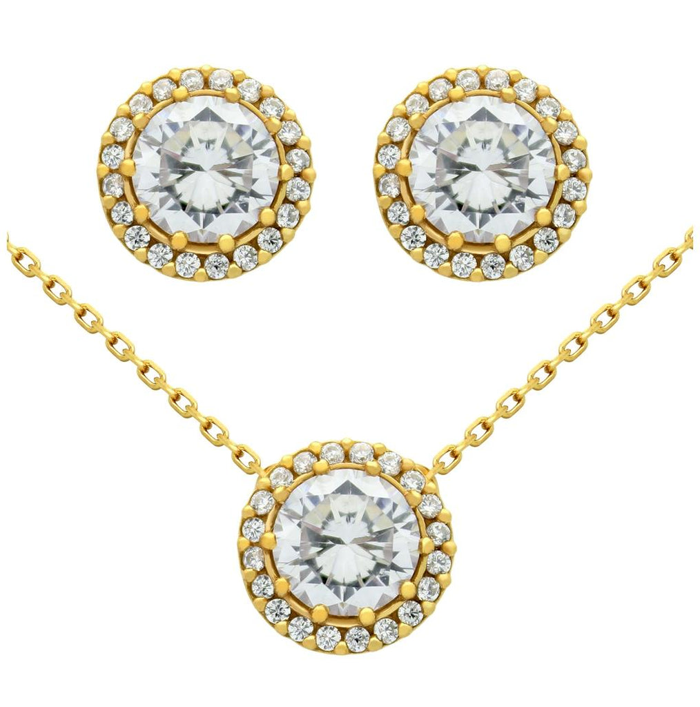 .925 Sterling Silver Gold Plated Set: 7.5mm Round Cz Earrings And 16+2" Necklace