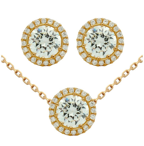 .925 Sterling Silver Rose Gold Plated Set: 7.5mm Round Cz Earrings And 16+2" Necklace