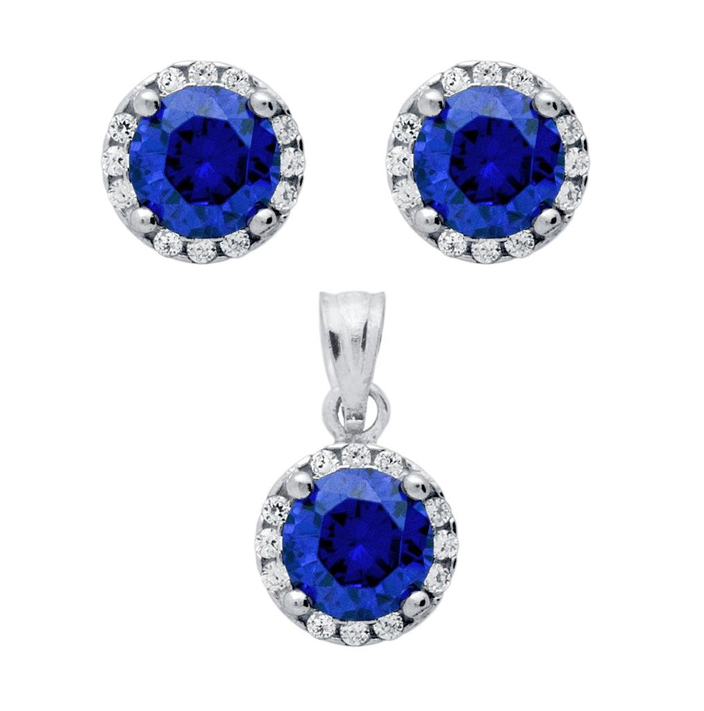 .925 Sterling Silver Rhodium Plated Set: 6.5mm Round Cz Earrings And Pendant With Cz Halo